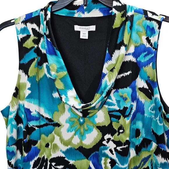 Dressbarn 16W Floral Cowl Neck Dress Blue Green Black Sleeveless Stretch Y2K EUC - Picture 2 of 8